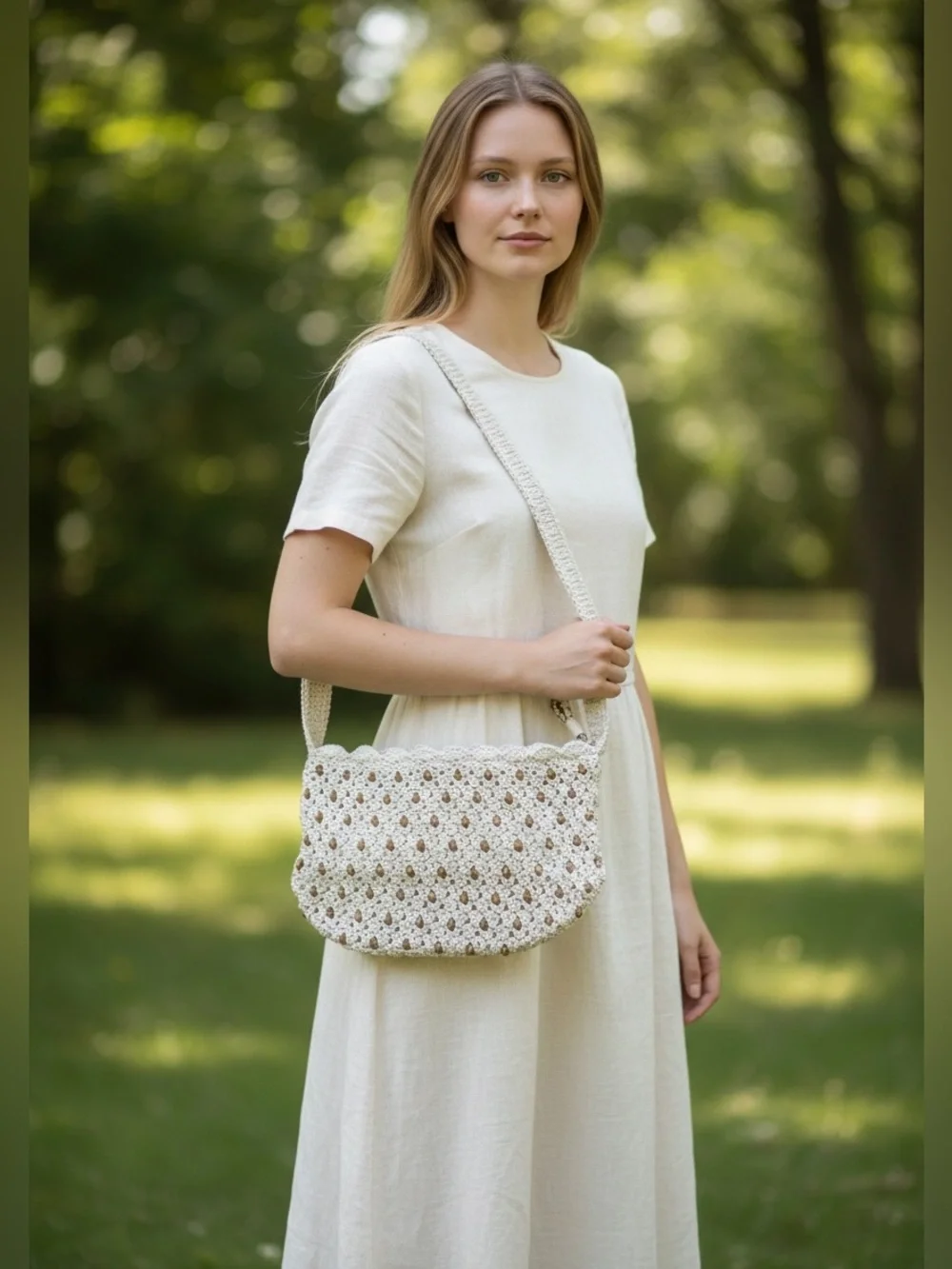 The SAK Zip Top Crochet Beaded Shoulder Hobo Bag in Light Beige